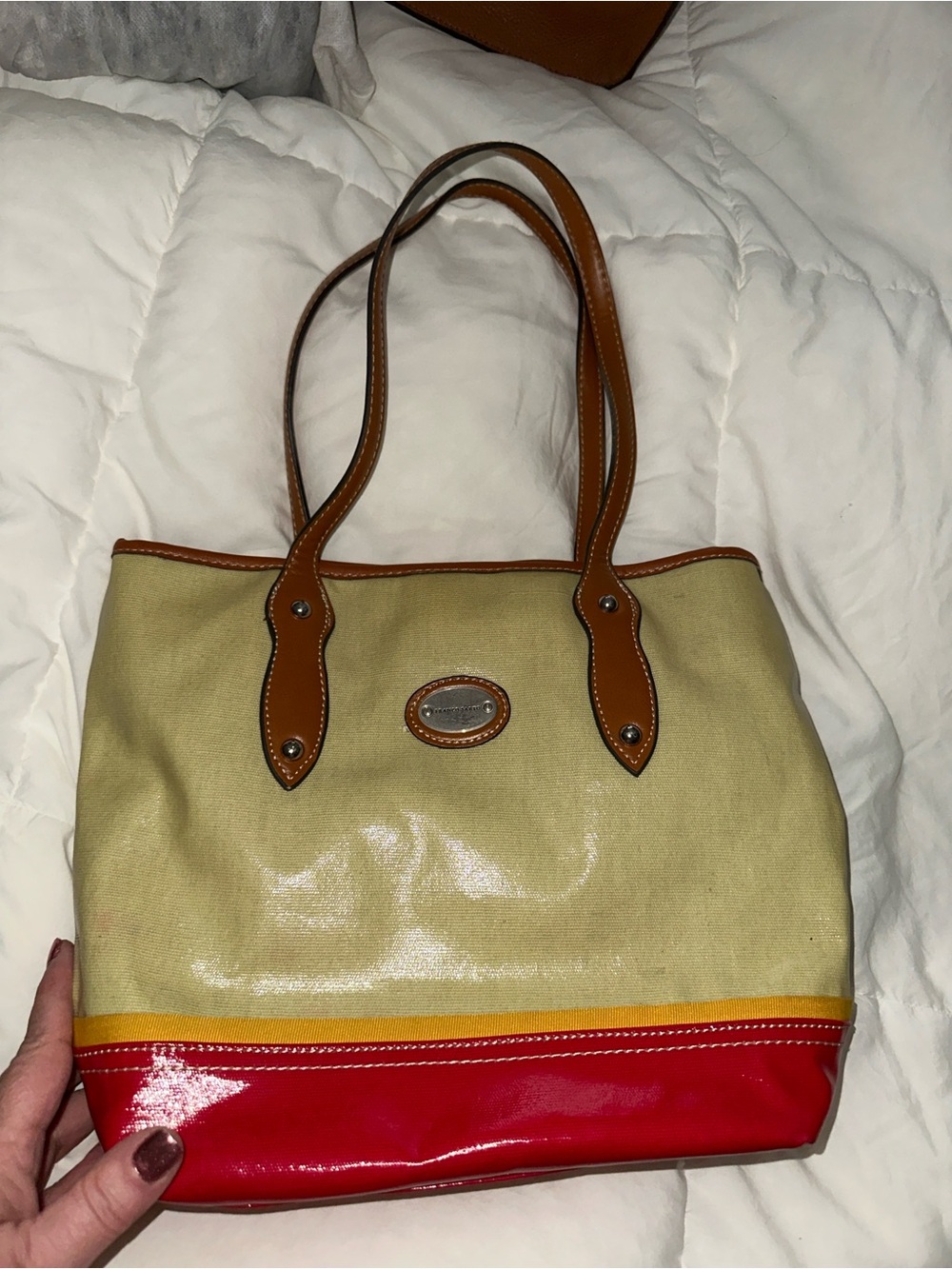 Franco Sarto pale green Canvas Tote with Red Patent Base and Tan Trim